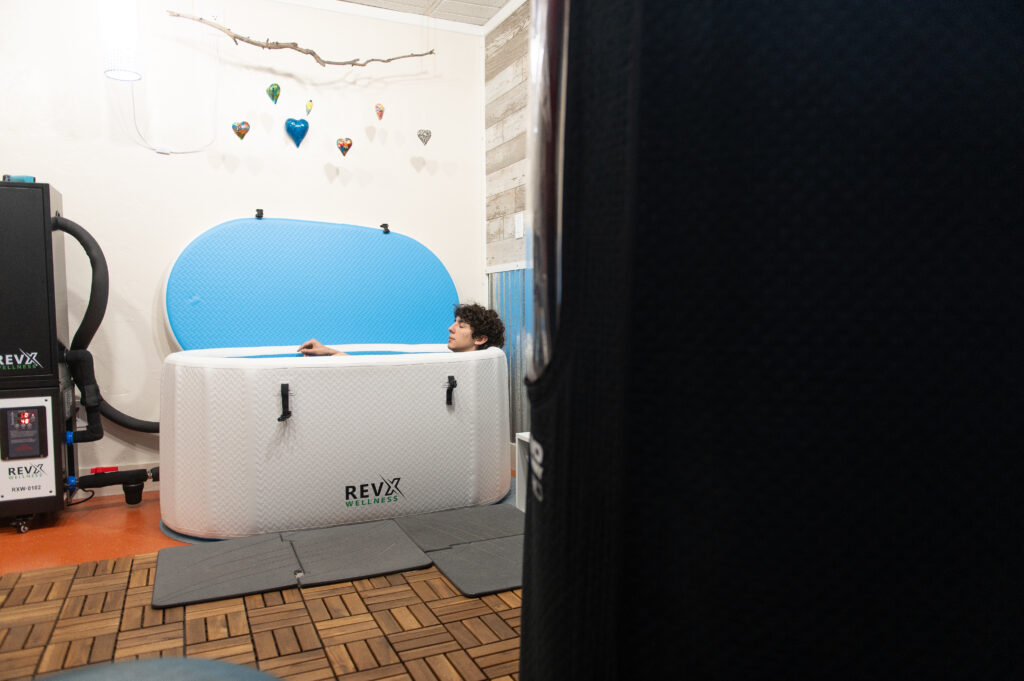 Contrast therapy (cold plunge and sauna) in the Recovery Room at The Energy Lab in Redlands, CA.