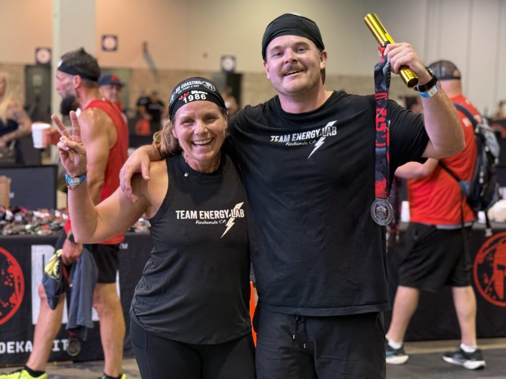Nick and Jill at the finish line after completing DEKAFIT Anaheim with The Energy Lab.