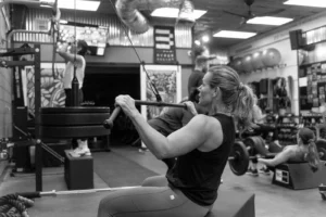 Jill doing a Lat Pulldown during a Strong class at The Energy Lab in Redlands, CA.